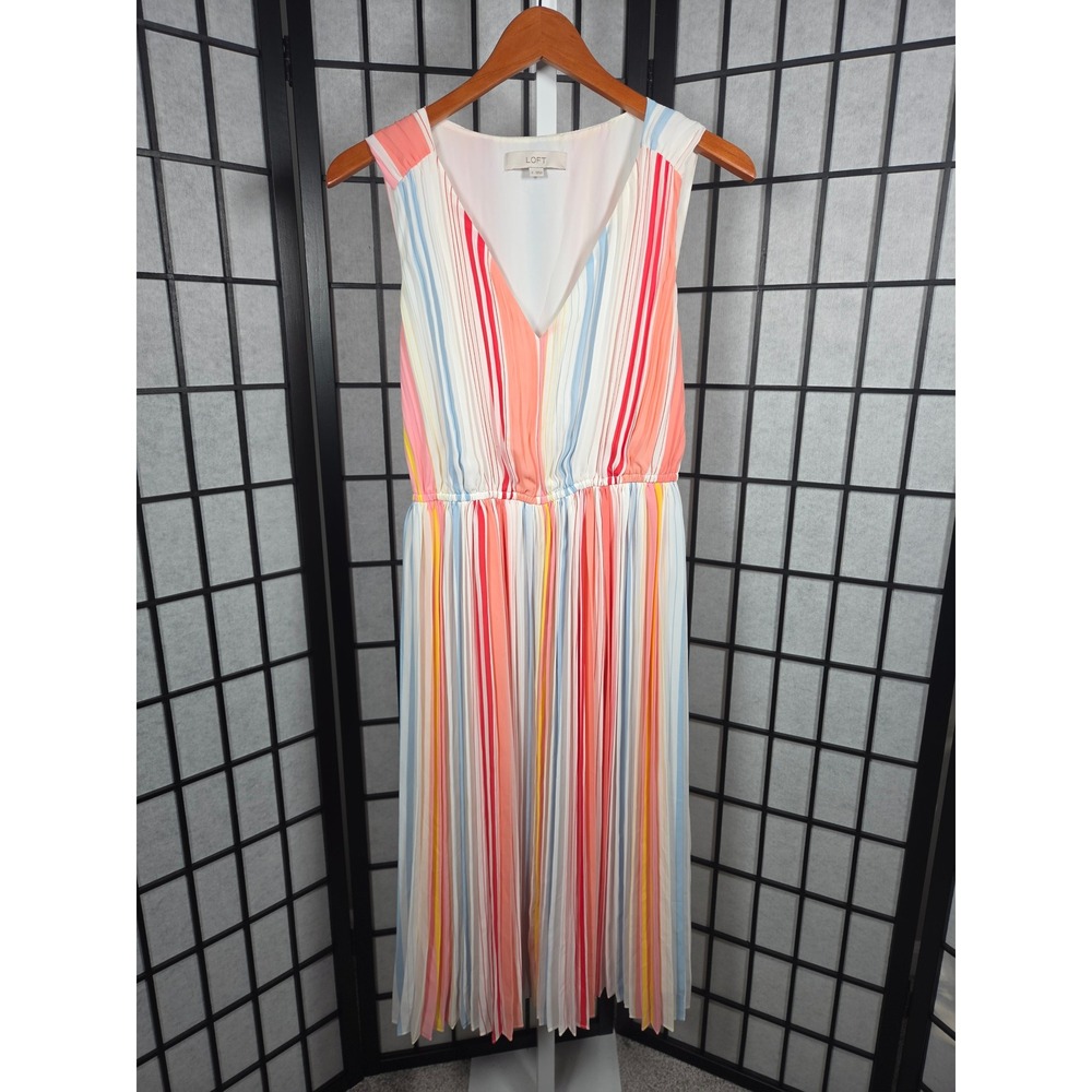 LOFT Striped Pleated Sleeveless V-Neck Midi Dress Small Women